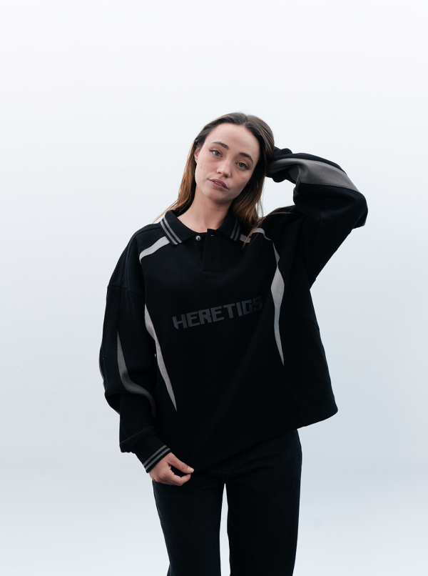HERETICS 10 PANEL LONG SLEEVE POLO BLACK